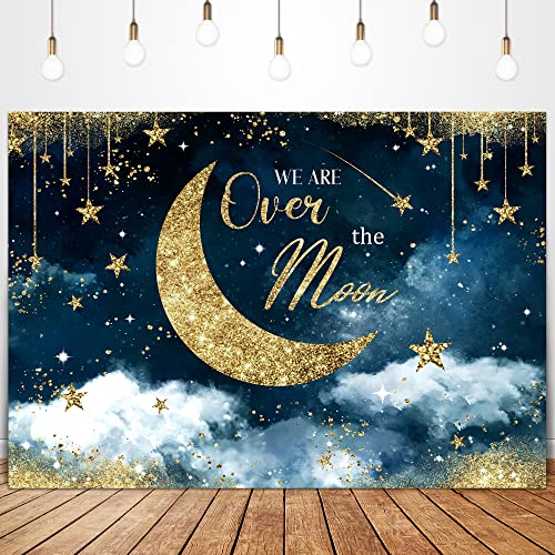 Glawry We are Over The Moon Baby Shower Backdrop for Photography 7Wx5H Feet Moon Stars Starry Night Watercolor Navy Blue Celestial Cloud Party Decorations Photoshoot Background Photo Booth Studio