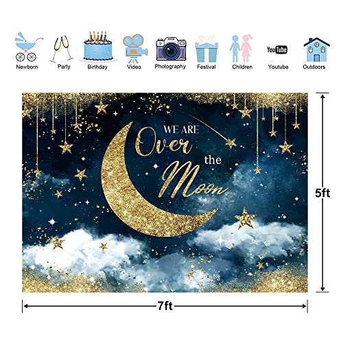 Glawry We are Over The Moon Baby Shower Backdrop for Photography 7Wx5H Feet Moon Stars Starry Night Watercolor Navy Blue Celestial Cloud Party Decorations Photoshoot Background Photo Booth Studio