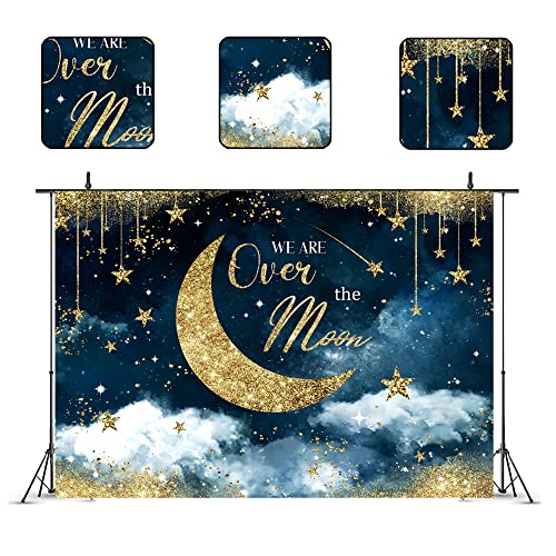 Glawry We are Over The Moon Baby Shower Backdrop for Photography 7Wx5H Feet Moon Stars Starry Night Watercolor Navy Blue Celestial Cloud Party Decorations Photoshoot Background Photo Booth Studio