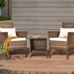 Patio Porch Furniture Sets 3 Pieces Rattan Wicker Chairs with Table and 2 Pillow Outdoor Garden Furniture Sets Conversation Chair Set