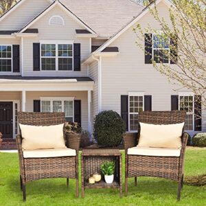 Patio Porch Furniture Sets 3 Pieces Rattan Wicker Chairs with Table and 2 Pillow Outdoor Garden Furniture Sets Conversation Chair Set