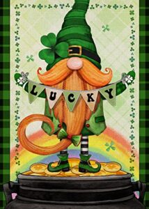 covido home decorative st. patrick’s day gnome garden flag, lucky pot gold coins shamrock clover yard outside decorations, irish luck outdoor small decor double sided 12×18
