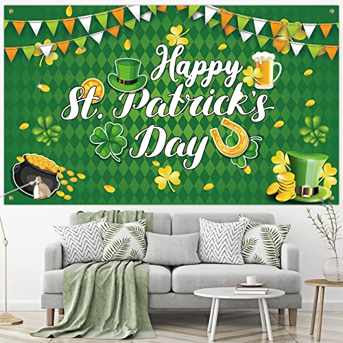 Happy St Patricks Day Banner, 70.8 x 43.3Inch St Patricks Day Decorations St Patricks Day Backdrops for Photography, Green Saint Patricks Day Banner for St Patricks Day Party Decor, Irish Party Decor