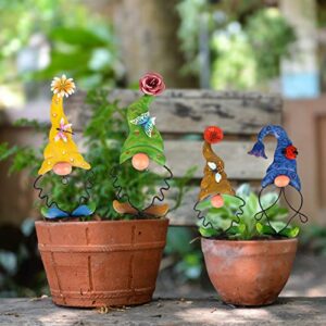 Art Elf Garden Gnomes Decorations for Yard Decorative Stake Decor Art Outdoor Metal Sculpture Figurines for Patio Outside Lawn Pathway Ornaments 4 Packs