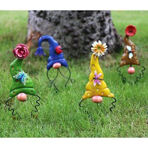 Art Elf Garden Gnomes Decorations for Yard Decorative Stake Decor Art Outdoor Metal Sculpture Figurines for Patio Outside Lawn Pathway Ornaments 4 Packs