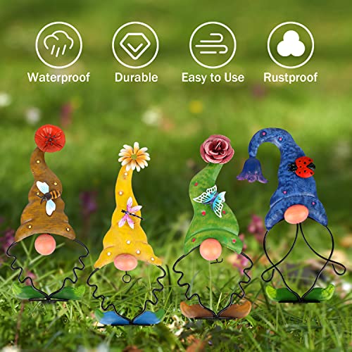 Art Elf Garden Gnomes Decorations for Yard Decorative Stake Decor Art Outdoor Metal Sculpture Figurines for Patio Outside Lawn Pathway Ornaments 4 Packs