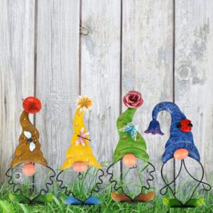 Art Elf Garden Gnomes Decorations for Yard Decorative Stake Decor Art Outdoor Metal Sculpture Figurines for Patio Outside Lawn Pathway Ornaments 4 Packs