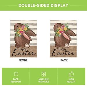 AVOIN colorlife Happy Easter Chocolate Bunny Garden Flag 12x18 Inch Double Sided Outside, Stripes Rabbit Holiday Yard Outdoor Decoration