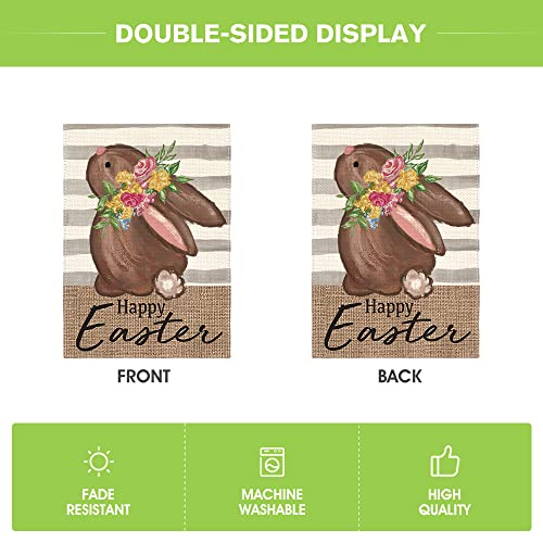 AVOIN colorlife Happy Easter Chocolate Bunny Garden Flag 12x18 Inch Double Sided Outside, Stripes Rabbit Holiday Yard Outdoor Decoration