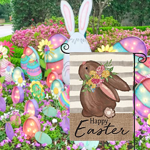 AVOIN colorlife Happy Easter Chocolate Bunny Garden Flag 12x18 Inch Double Sided Outside, Stripes Rabbit Holiday Yard Outdoor Decoration