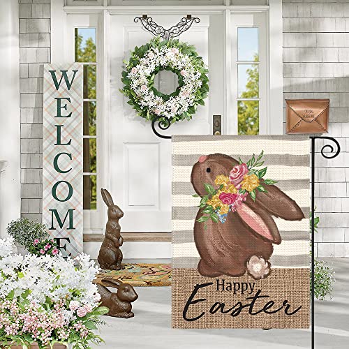 AVOIN colorlife Happy Easter Chocolate Bunny Garden Flag 12x18 Inch Double Sided Outside, Stripes Rabbit Holiday Yard Outdoor Decoration