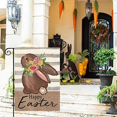 AVOIN colorlife Happy Easter Chocolate Bunny Garden Flag 12x18 Inch Double Sided Outside, Stripes Rabbit Holiday Yard Outdoor Decoration