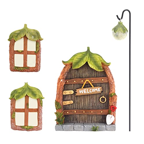 Gearific Fairy Door and Window for Trees with Light 5 Pcs Miniature Fairy Garden Kit, Glow in The Dark Yard Fairy Door for Kids Room, Wall and Trees Outdoor, Fairy Garden Accessories