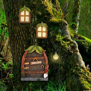 Gearific Fairy Door and Window for Trees with Light 5 Pcs Miniature Fairy Garden Kit, Glow in The Dark Yard Fairy Door for Kids Room, Wall and Trees Outdoor, Fairy Garden Accessories