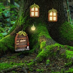 Gearific Fairy Door and Window for Trees with Light 5 Pcs Miniature Fairy Garden Kit, Glow in The Dark Yard Fairy Door for Kids Room, Wall and Trees Outdoor, Fairy Garden Accessories