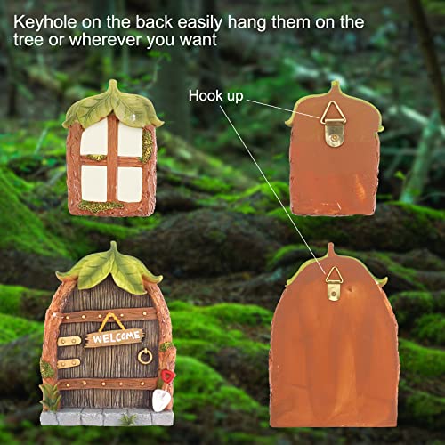 Gearific Fairy Door and Window for Trees with Light 5 Pcs Miniature Fairy Garden Kit, Glow in The Dark Yard Fairy Door for Kids Room, Wall and Trees Outdoor, Fairy Garden Accessories