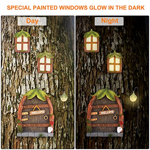 Gearific Fairy Door and Window for Trees with Light 5 Pcs Miniature Fairy Garden Kit, Glow in The Dark Yard Fairy Door for Kids Room, Wall and Trees Outdoor, Fairy Garden Accessories