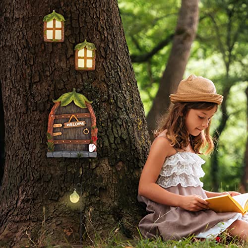 Gearific Fairy Door and Window for Trees with Light 5 Pcs Miniature Fairy Garden Kit, Glow in The Dark Yard Fairy Door for Kids Room, Wall and Trees Outdoor, Fairy Garden Accessories
