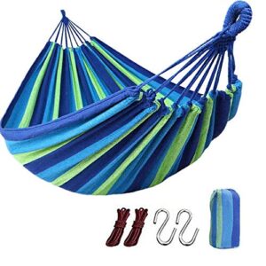 garden canvas cotton hammock single/two people load bearing 450 lbs with carrying bag for indoor outdoor garden patio park (260 x150 cm/blue)
