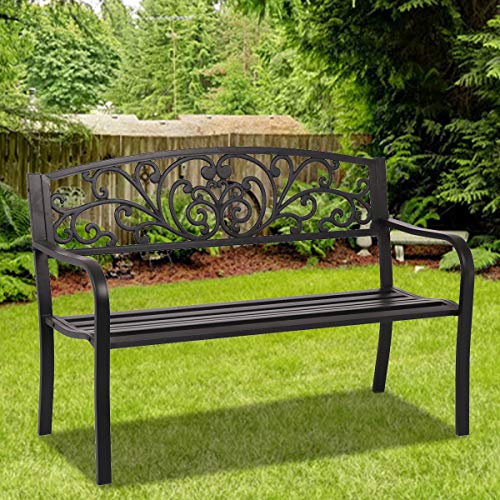 HGS Patio Bench Garden Bench Outdoor Porch Metal Bench Chair with Steel Frame Patio Park Bench Furniture 480 LBS Outdoor Bench for 2 Person, Black, 50 in