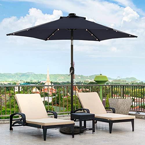 Aok Garden 7.5 FT Solar Patio Umbrella with 18 LED Lights Outdoor Table Market Umbrella with Push Button Tilt and Crank 6 Sturdy Aluminum Ribs for Deck, Lawn, Pool& Backyard, Navy Blue