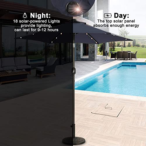 Aok Garden 7.5 FT Solar Patio Umbrella with 18 LED Lights Outdoor Table Market Umbrella with Push Button Tilt and Crank 6 Sturdy Aluminum Ribs for Deck, Lawn, Pool& Backyard, Navy Blue