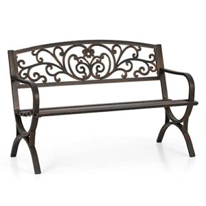 sophia & william 50‘’ outdoor garden bench patio park bench, cast iron metal frame furniture with floral design backrest for porch yard lawn deck, bronze
