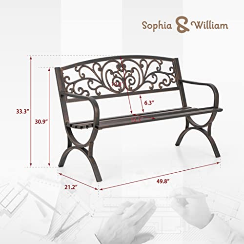 Sophia & William 50‘’ Outdoor Garden Bench Patio Park Bench, Cast Iron Metal Frame Furniture with Floral Design Backrest for Porch Yard Lawn Deck, Bronze