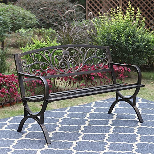 Sophia & William 50‘’ Outdoor Garden Bench Patio Park Bench, Cast Iron Metal Frame Furniture with Floral Design Backrest for Porch Yard Lawn Deck, Bronze
