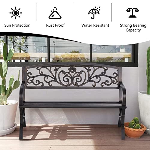 Sophia & William 50‘’ Outdoor Garden Bench Patio Park Bench, Cast Iron Metal Frame Furniture with Floral Design Backrest for Porch Yard Lawn Deck, Bronze