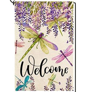 Baccessor Spring Summer Flower Garden Flag Wisteria Dragonfly Floral Welcome Small Yard Flag Burlap Double Sided Vertical Seasonal Farmhouse Wedding Yard Outdoor Decoration 12x18 Inch