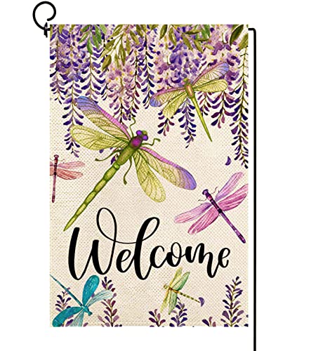 Baccessor Spring Summer Flower Garden Flag Wisteria Dragonfly Floral Welcome Small Yard Flag Burlap Double Sided Vertical Seasonal Farmhouse Wedding Yard Outdoor Decoration 12x18 Inch