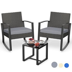 aiho 3 pieces patio furniture set, outdoor wicker bistro rocking chair sets with cushion, porch furniture set with glass table, modern rattan conversation sets for porches and balcony (grey cushion)