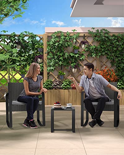 Aiho 3 Pieces Patio Furniture Set, Outdoor Wicker Bistro Rocking Chair Sets with Cushion, Porch Furniture Set with Glass Table, Modern Rattan Conversation Sets for Porches and Balcony (Grey Cushion)