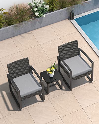 Aiho 3 Pieces Patio Furniture Set, Outdoor Wicker Bistro Rocking Chair Sets with Cushion, Porch Furniture Set with Glass Table, Modern Rattan Conversation Sets for Porches and Balcony (Grey Cushion)
