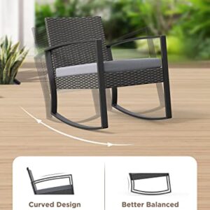 Aiho 3 Pieces Patio Furniture Set, Outdoor Wicker Bistro Rocking Chair Sets with Cushion, Porch Furniture Set with Glass Table, Modern Rattan Conversation Sets for Porches and Balcony (Grey Cushion)
