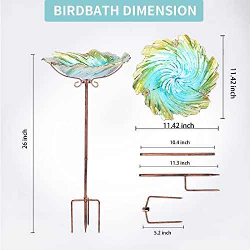 MUMTOP Glass Bird Baths for Outdoors, Garden Bird Bath Bowl with Metal Stake Birdbaths for Outside Yard Outdoor, Yellow