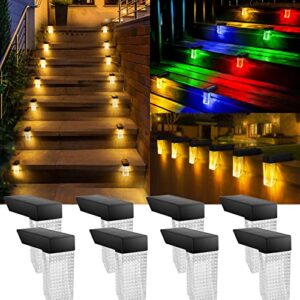 panmo solar deck lights outdoor, solar step lights waterproof decoration for porch pool fence stair patio yard garden railings(warm white/rgb 8 pack)