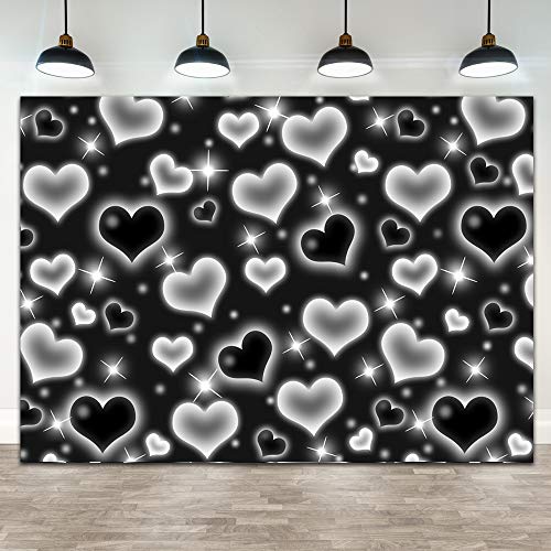 7×5ft Black Heart Photo Backdrop Early 2000s Party Decorations Old School Backdrops Valentine's Day Glitter Heart 16th 18th 30th Women Men 90s Happy Birthday Background Selfile Wall Decor