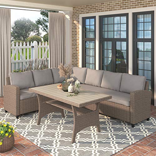 Merax Outdoor Patio Furniture Set, Rattan Wicker Patio Sectional Sofa, Garden Poolside Backyard Conversation Set with Cushions (Brown)