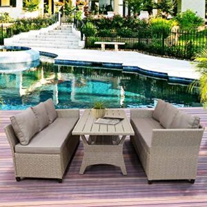 Merax Outdoor Patio Furniture Set, Rattan Wicker Patio Sectional Sofa, Garden Poolside Backyard Conversation Set with Cushions (Brown)