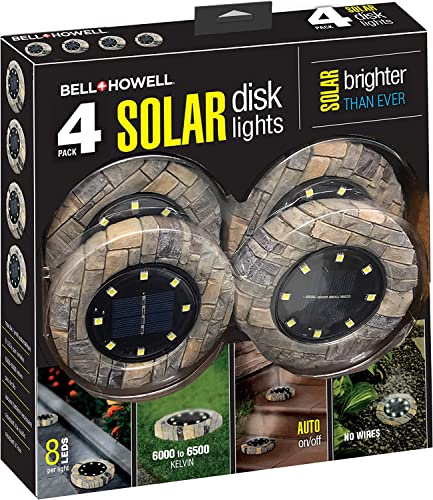 Bell+Howell Disk Lights Solar Ground Lights Stone Slate Upgraded Wireless Auto On/Off Solar Garden Outdoor Waterproof Lighting with for Lawn, Patio, Garden, Yard, Pathways, 4Pcs As Seen On TV