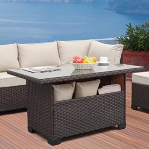 Outdoor PE Wicker Coffee Table - Patio Rattan Garden Furniture Multi-Functional Storage Tea Table with Glass Top, Dark Brown