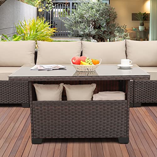 Outdoor PE Wicker Coffee Table - Patio Rattan Garden Furniture Multi-Functional Storage Tea Table with Glass Top, Dark Brown