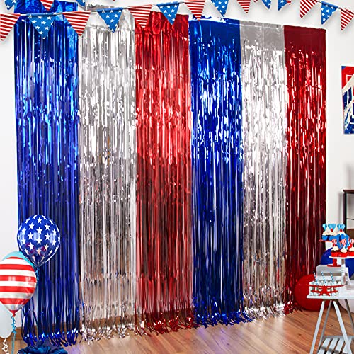 LOLStar 4th of July Decorations,Red White and Blue 3 Pack Tinsel Foil Fringe Curtains,4th of July Photo Booth Prop Streamer Backdrop for America Patriotic Party,Memorial Day,Independence Day,Labor Day