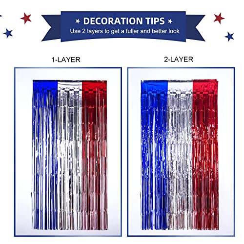 LOLStar 4th of July Decorations,Red White and Blue 3 Pack Tinsel Foil Fringe Curtains,4th of July Photo Booth Prop Streamer Backdrop for America Patriotic Party,Memorial Day,Independence Day,Labor Day