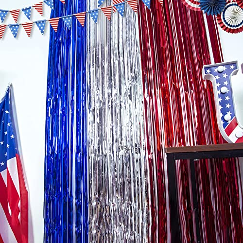 LOLStar 4th of July Decorations,Red White and Blue 3 Pack Tinsel Foil Fringe Curtains,4th of July Photo Booth Prop Streamer Backdrop for America Patriotic Party,Memorial Day,Independence Day,Labor Day