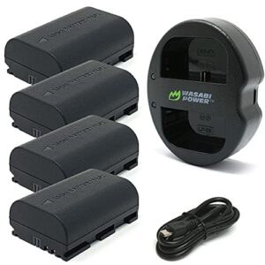 wasabi power lp-e6, lp-e6n battery (4-pack) & dual usb charger for canon eos 5d ii/iii/iv, 5ds, 5ds r, 6d, 6d mark ii, 7d, 7d mark ii, 70d, 80d, 90d, r, r5, r5c, r6, ra, xc10, xc15, bmpcc 4k, bmpcc 6k