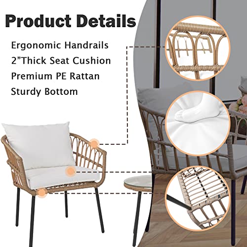 Homsido 3-Piece Outdoor Rattan Patio Furniture Set, Bohemian Simple Wicker Patio Chair Conversation Indoor Sets with Coffee Table and Waterproof Cushion