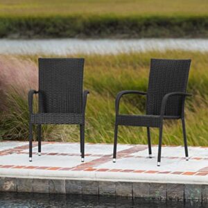 Patio Sense Morgan Outdoor All-Weather Wicker Stacking Woven No Assembly Steel Powder Coated Frame Lightweight Indoor Outdoor Porch Backyard Lawn Garden Balcony - Black - Set of 4